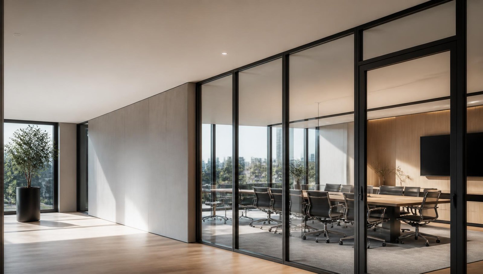 Contemporary office with full-height fire-rated glazed partitioning